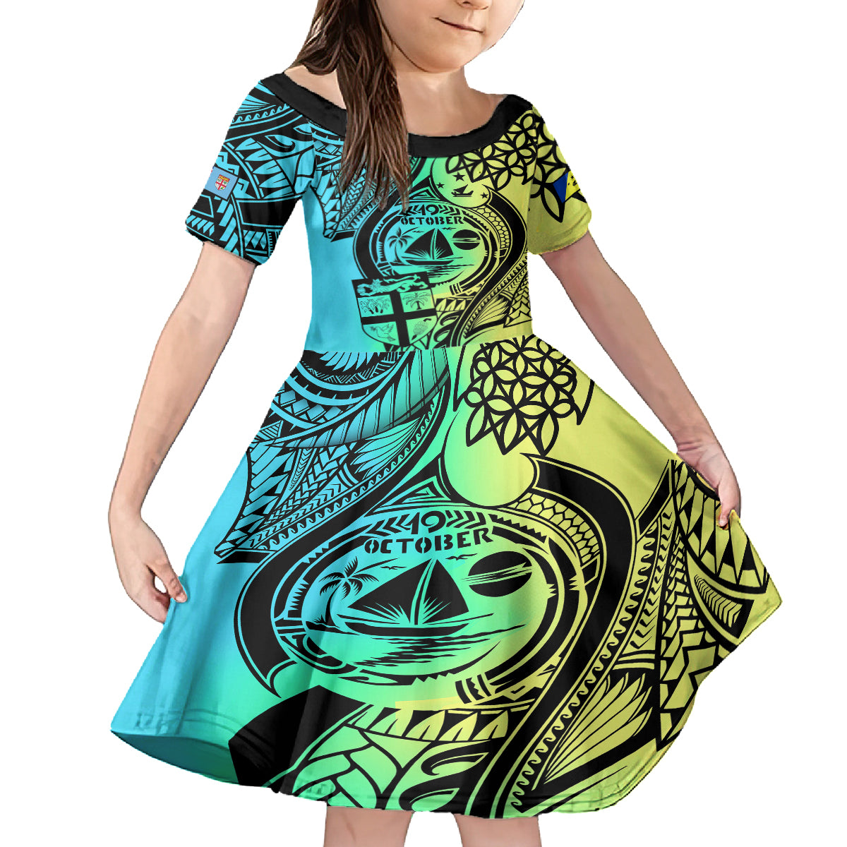 Personalised Malampa Fiji Day Kid Short Sleeve Dress Vanuatu Sand Drawing With Polynesian Pattern LT9 KID Black - Polynesian Pride