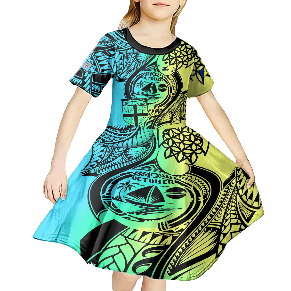 Personalised Malampa Fiji Day Kid Short Sleeve Dress Vanuatu Sand Drawing With Polynesian Pattern LT9 - Polynesian Pride