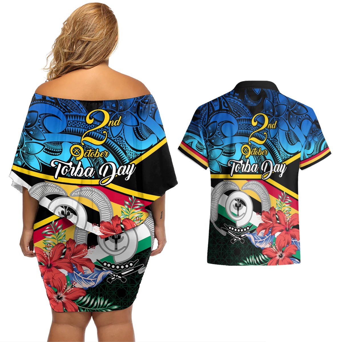 torba-vanuatu-couples-matching-off-shoulder-short-dress-and-hawaiian-shirt-sand-drawing-with-polynesian-pattern
