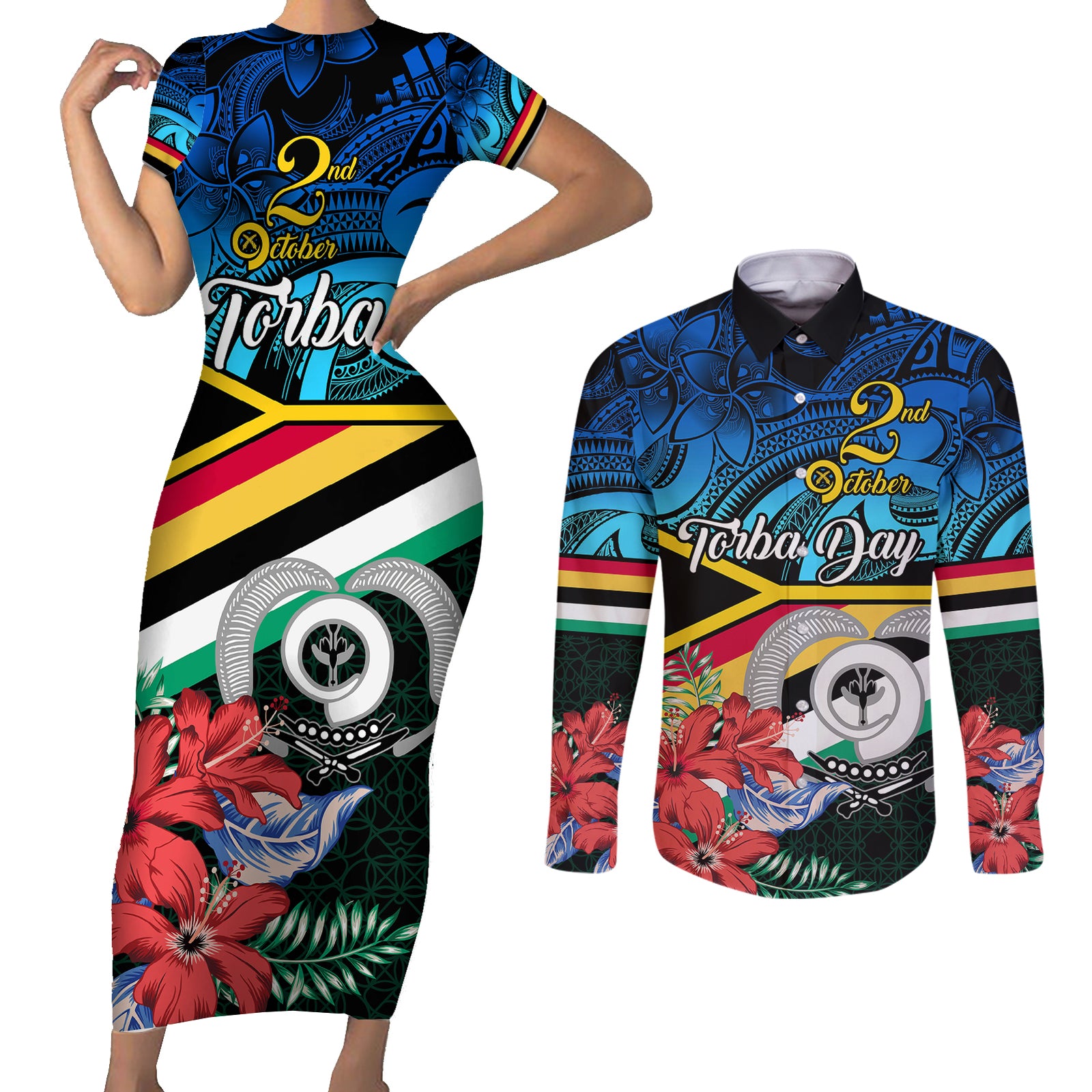 torba-vanuatu-couples-matching-short-sleeve-bodycon-dress-and-long-sleeve-button-shirts-sand-drawing-with-polynesian-pattern