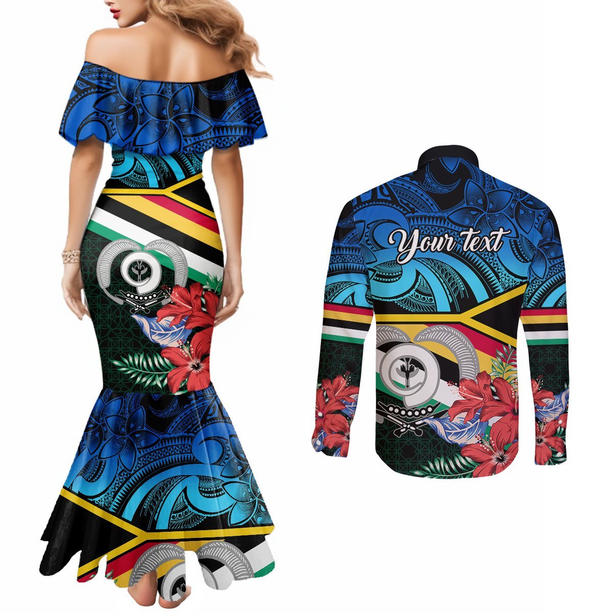 Personalised Torba Vanuatu Couples Matching Mermaid Dress and Long Sleeve Button Shirts Sand Drawing With Polynesian Pattern LT9 - Polynesian Pride