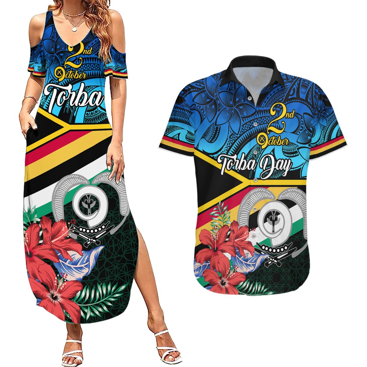 personalised-torba-vanuatu-couples-matching-summer-maxi-dress-and-hawaiian-shirt-sand-drawing-with-polynesian-pattern