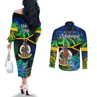 Malampa Day Couples Matching Off The Shoulder Long Sleeve Dress and Long Sleeve Button Shirts Vanuatu Flowers with Malampa Emblem Tribal Pattern LT9 - Polynesian Pride