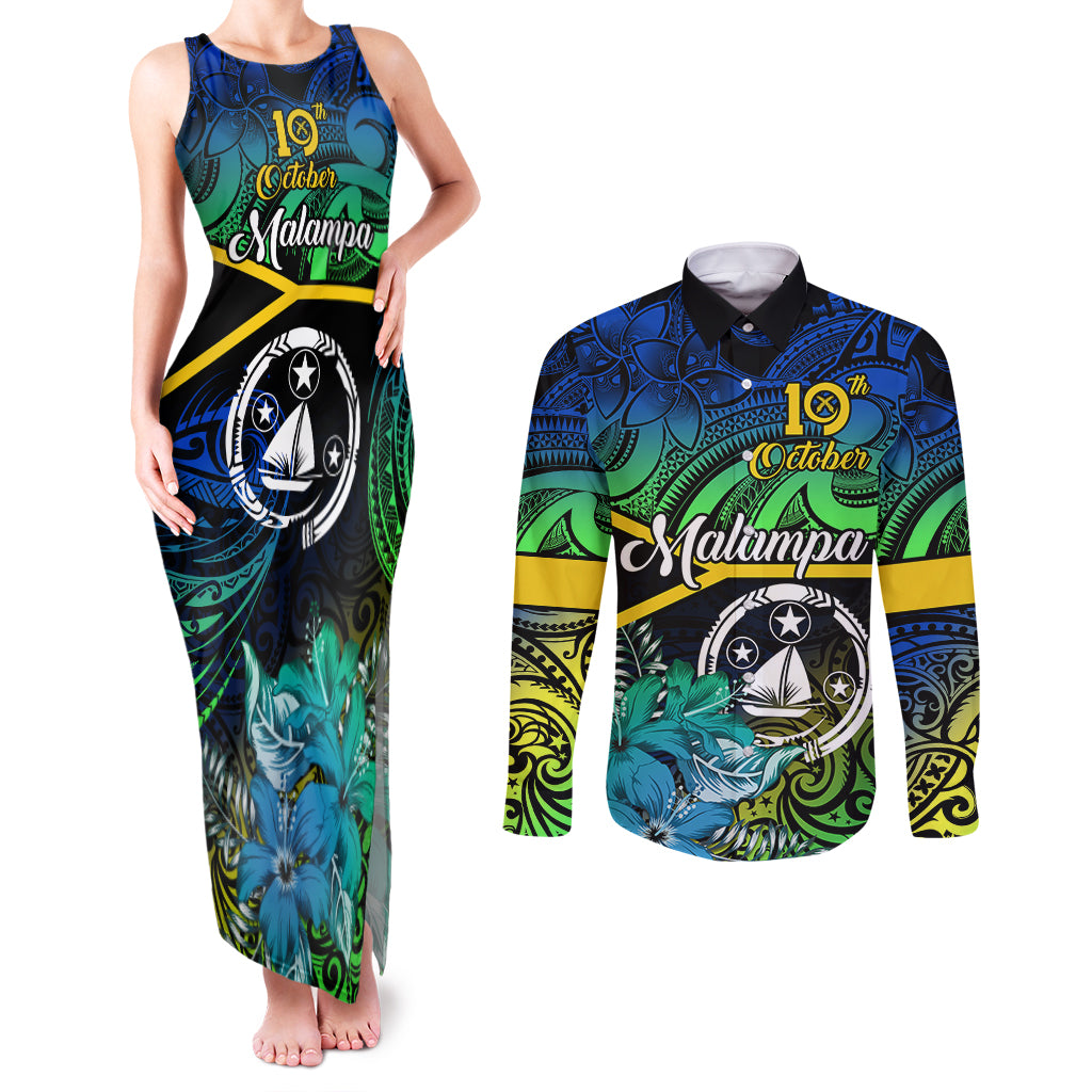 Malampa Day Couples Matching Tank Maxi Dress and Long Sleeve Button Shirts Vanuatu Flowers with Malampa Emblem Tribal Pattern LT9 Black - Polynesian Pride