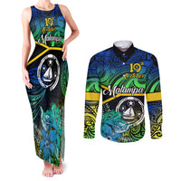 Malampa Day Couples Matching Tank Maxi Dress and Long Sleeve Button Shirts Vanuatu Flowers with Malampa Emblem Tribal Pattern LT9 Black - Polynesian Pride