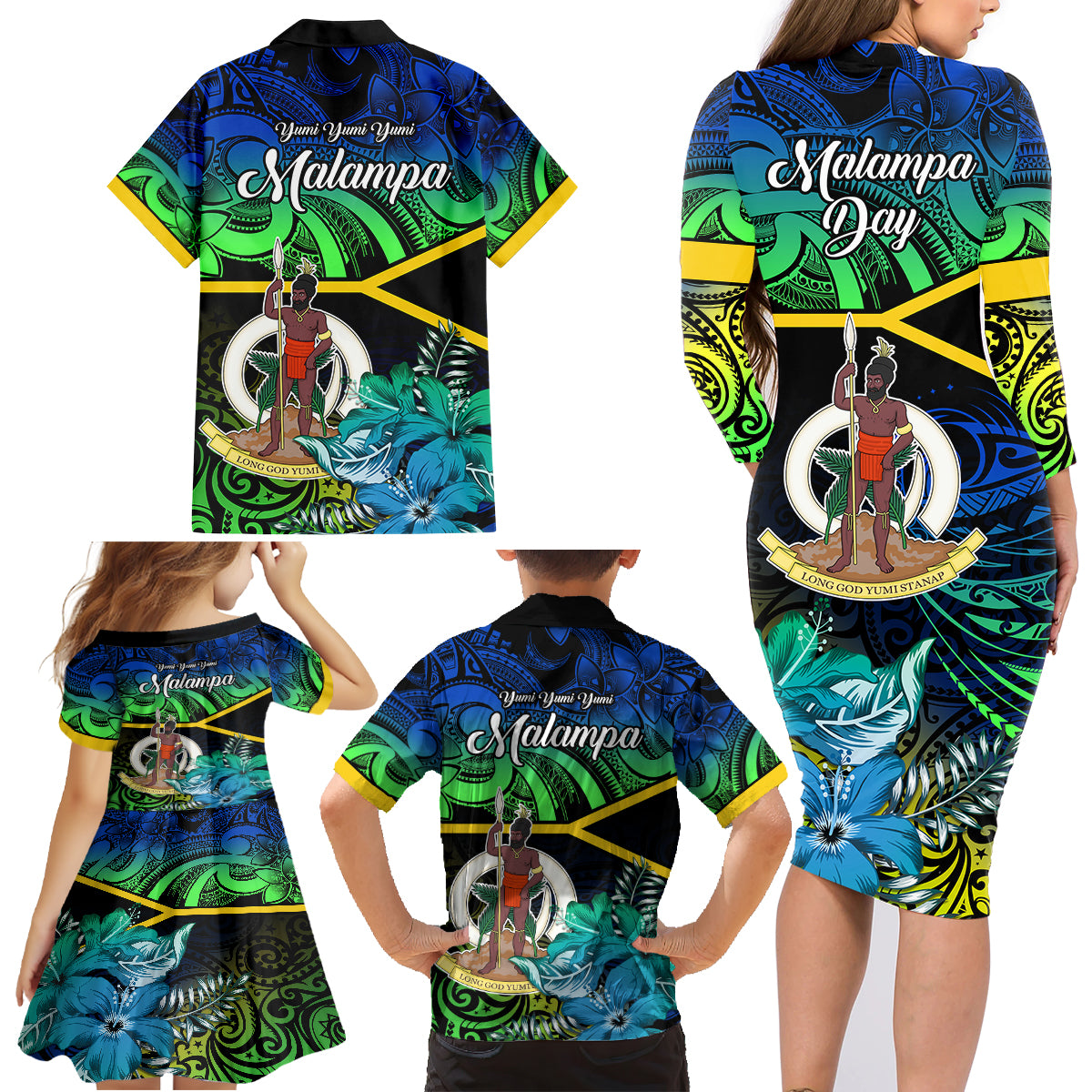 Malampa Day Family Matching Long Sleeve Bodycon Dress and Hawaiian Shirt Vanuatu Flowers with Malampa Emblem Tribal Pattern LT9 - Polynesian Pride