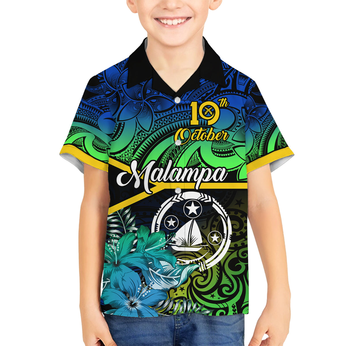 Malampa Day Family Matching Long Sleeve Bodycon Dress and Hawaiian Shirt Vanuatu Flowers with Malampa Emblem Tribal Pattern LT9 Son's Shirt Black - Polynesian Pride