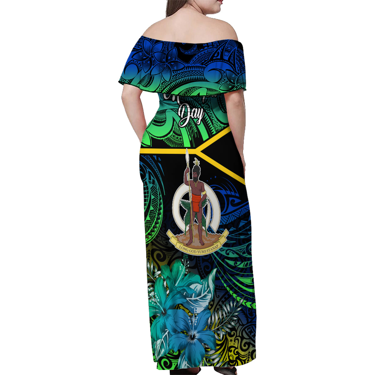 Malampa Day Family Matching Off Shoulder Maxi Dress and Hawaiian Shirt Vanuatu Flowers with Malampa Emblem Tribal Pattern LT9 - Polynesian Pride
