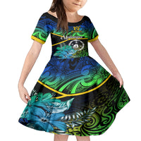 Malampa Day Family Matching Off Shoulder Short Dress and Hawaiian Shirt Vanuatu Flowers with Malampa Emblem Tribal Pattern LT9 Daughter's Dress Black - Polynesian Pride