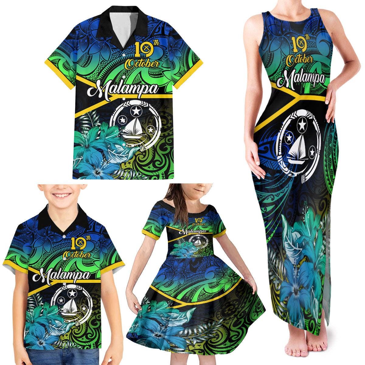 Malampa Day Family Matching Tank Maxi Dress and Hawaiian Shirt Vanuatu Flowers with Malampa Emblem Tribal Pattern LT9 - Polynesian Pride