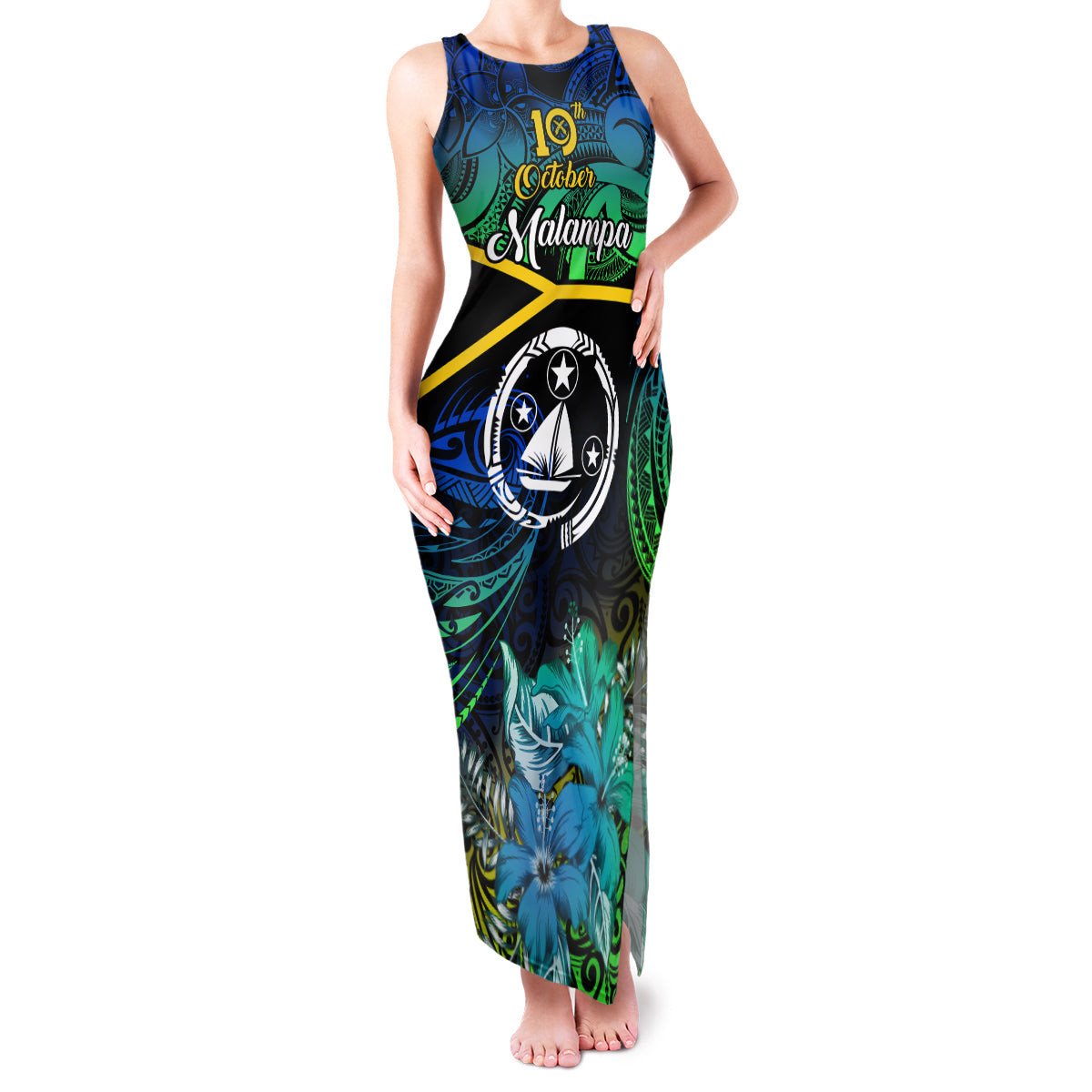Malampa Day Family Matching Tank Maxi Dress and Hawaiian Shirt Vanuatu Flowers with Malampa Emblem Tribal Pattern LT9 Mom's Dress Black - Polynesian Pride