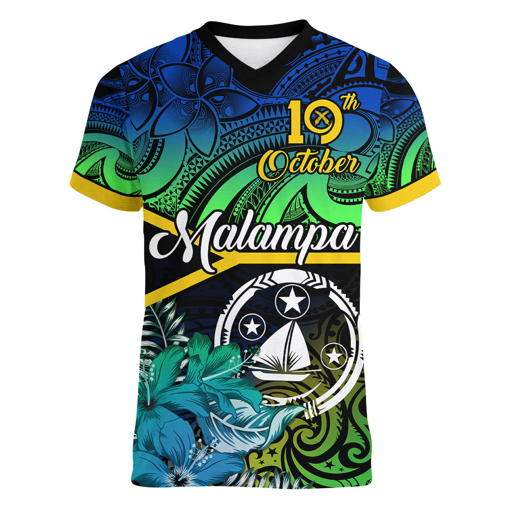 malampa-day-women-v-neck-t-shirt-vanuatu-flowers-with-malampa-emblem-tribal-pattern