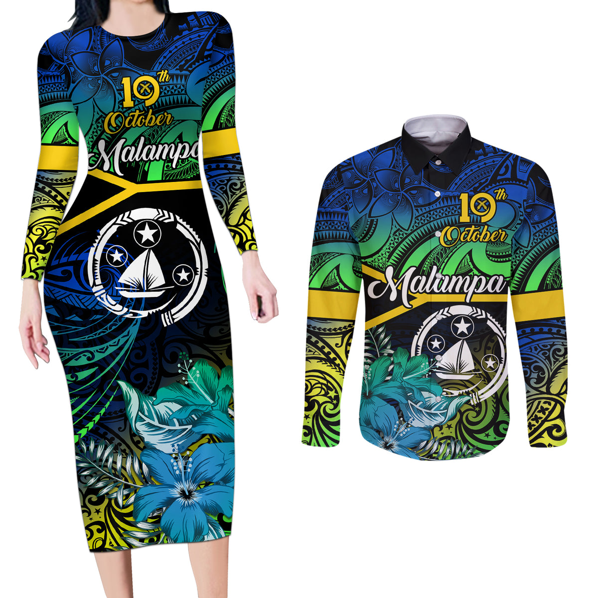Personalised Malampa Day Couples Matching Long Sleeve Bodycon Dress and Long Sleeve Button Shirts Vanuatu Flowers with Malampa Emblem Tribal Pattern LT9 Black - Polynesian Pride