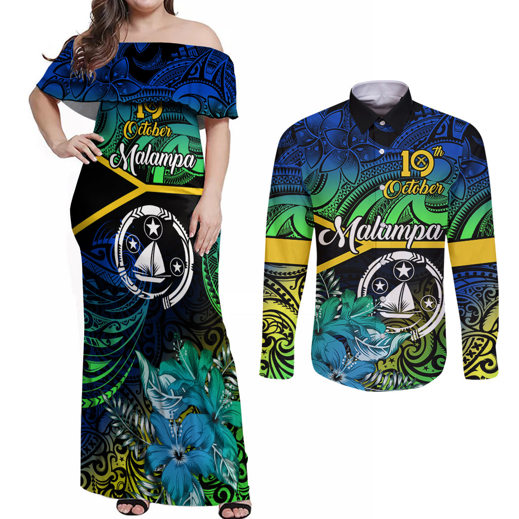 Personalised Malampa Day Couples Matching Off Shoulder Maxi Dress and Long Sleeve Button Shirts Vanuatu Flowers with Malampa Emblem Tribal Pattern LT9 Black - Polynesian Pride