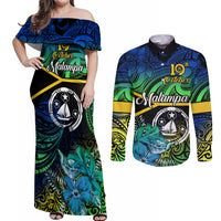 Personalised Malampa Day Couples Matching Off Shoulder Maxi Dress and Long Sleeve Button Shirts Vanuatu Flowers with Malampa Emblem Tribal Pattern LT9 Black - Polynesian Pride