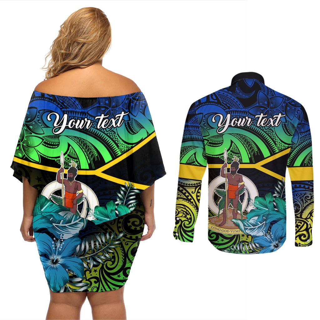 Personalised Malampa Day Couples Matching Off Shoulder Short Dress and Long Sleeve Button Shirts Vanuatu Flowers with Malampa Emblem Tribal Pattern LT9 - Polynesian Pride