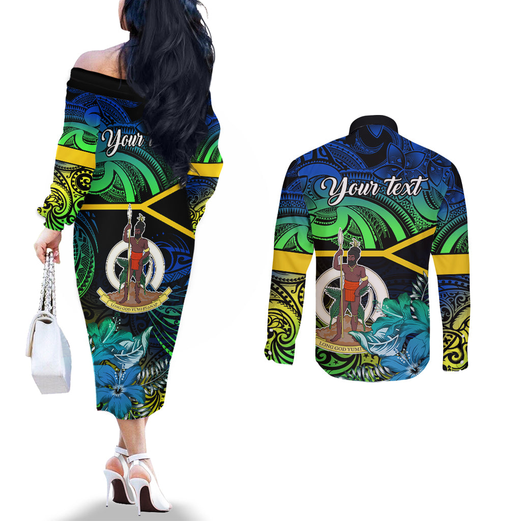 Personalised Malampa Day Couples Matching Off The Shoulder Long Sleeve Dress and Long Sleeve Button Shirts Vanuatu Flowers with Malampa Emblem Tribal Pattern LT9 - Polynesian Pride
