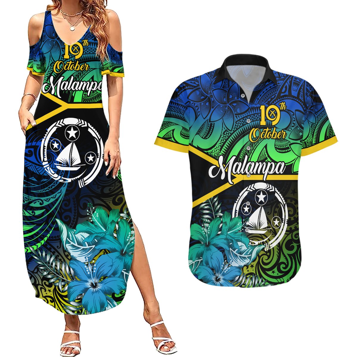 Personalised Malampa Day Couples Matching Summer Maxi Dress and Hawaiian Shirt Vanuatu Flowers with Malampa Emblem Tribal Pattern LT9 Black - Polynesian Pride