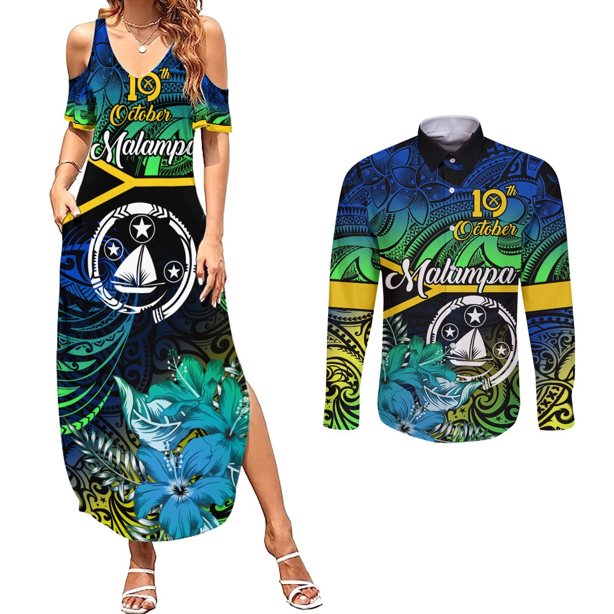 Personalised Malampa Day Couples Matching Summer Maxi Dress and Long Sleeve Button Shirts Vanuatu Flowers with Malampa Emblem Tribal Pattern LT9 Black - Polynesian Pride