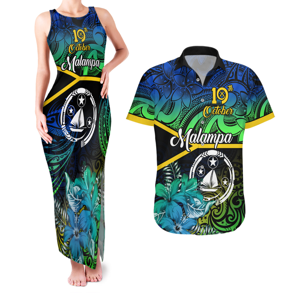 Personalised Malampa Day Couples Matching Tank Maxi Dress and Hawaiian Shirt Vanuatu Flowers with Malampa Emblem Tribal Pattern LT9 Black - Polynesian Pride