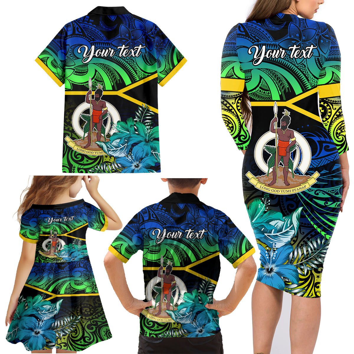 Personalised Malampa Day Family Matching Long Sleeve Bodycon Dress and Hawaiian Shirt Vanuatu Flowers with Malampa Emblem Tribal Pattern LT9 - Polynesian Pride
