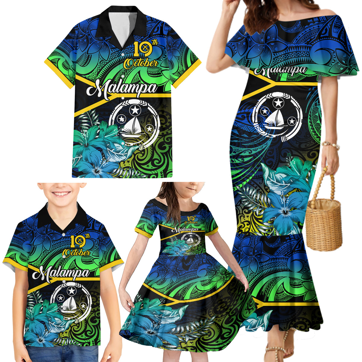 Personalised Malampa Day Family Matching Mermaid Dress and Hawaiian Shirt Vanuatu Flowers with Malampa Emblem Tribal Pattern LT9 - Polynesian Pride
