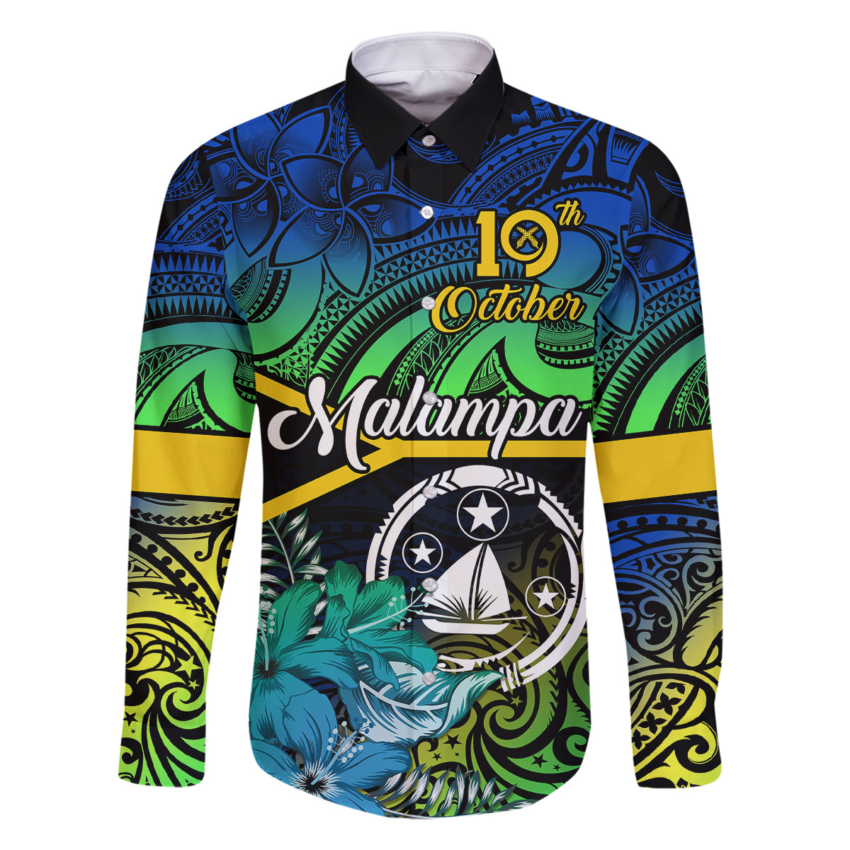 Personalised Malampa Day Family Matching Mermaid Dress and Hawaiian Shirt Vanuatu Flowers with Malampa Emblem Tribal Pattern LT9 Dad's Shirt - Long Sleeve Black - Polynesian Pride