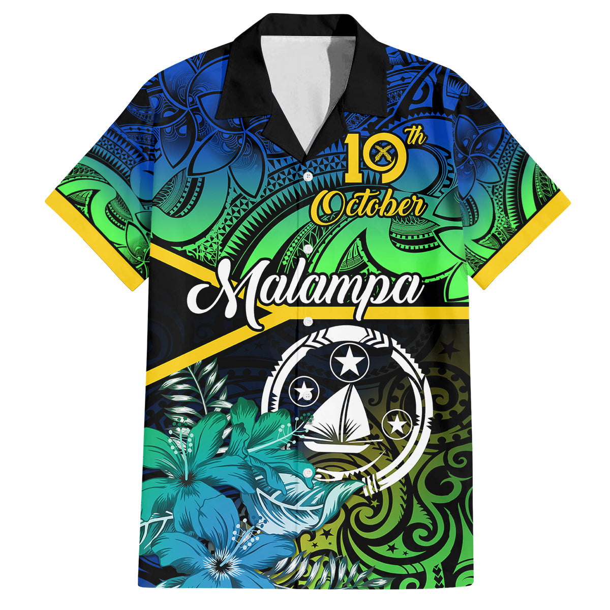 Personalised Malampa Day Family Matching Off Shoulder Maxi Dress and Hawaiian Shirt Vanuatu Flowers with Malampa Emblem Tribal Pattern LT9 Dad's Shirt - Short Sleeve Black - Polynesian Pride