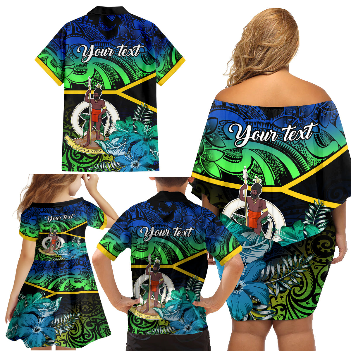 Personalised Malampa Day Family Matching Off Shoulder Short Dress and Hawaiian Shirt Vanuatu Flowers with Malampa Emblem Tribal Pattern LT9 - Polynesian Pride
