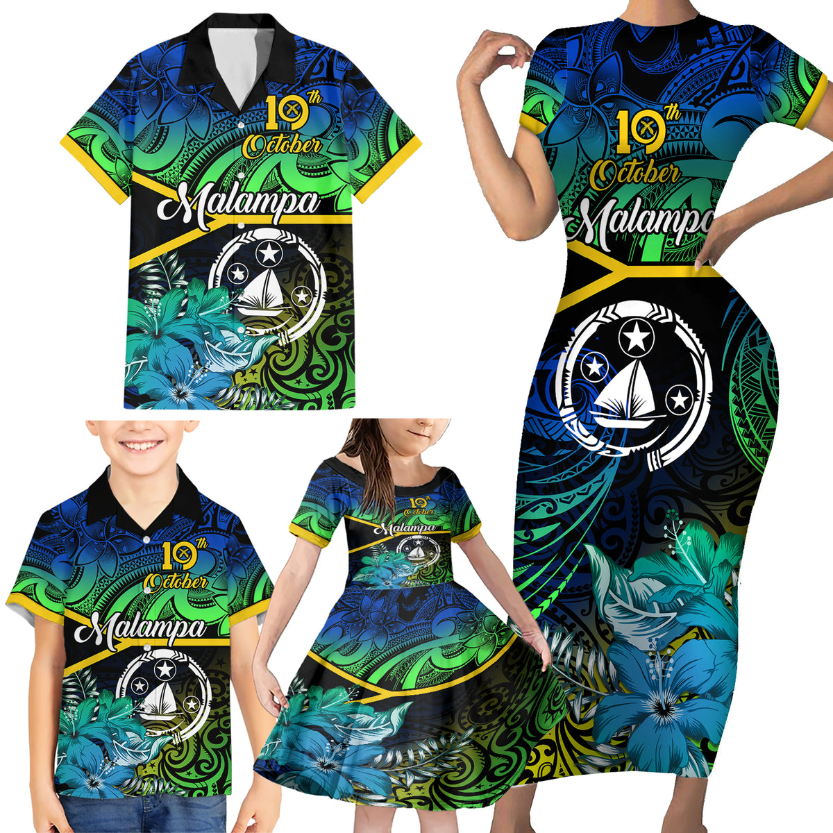 Personalised Malampa Day Family Matching Short Sleeve Bodycon Dress and Hawaiian Shirt Vanuatu Flowers with Malampa Emblem Tribal Pattern LT9 - Polynesian Pride