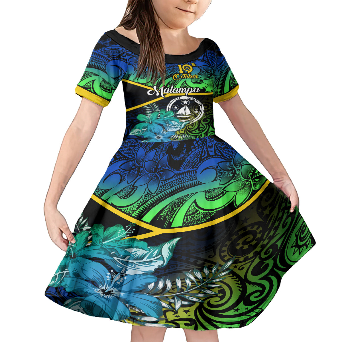 personalised-malampa-day-kid-short-sleeve-dress-vanuatu-flowers-with-malampa-emblem-tribal-pattern