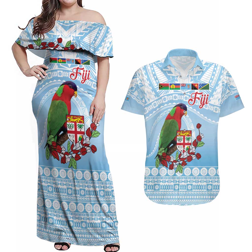 Melanesian Fiji Kula Bird Couples Matching Off Shoulder Maxi Dress and Hawaiian Shirt with Tagimoucia Masi Tapa Pattern