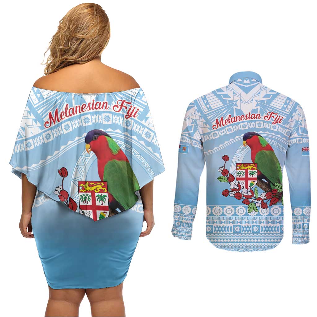 Melanesian Fiji Kula Bird Couples Matching Off Shoulder Short Dress and Long Sleeve Button Shirt with Tagimoucia Masi Tapa Pattern