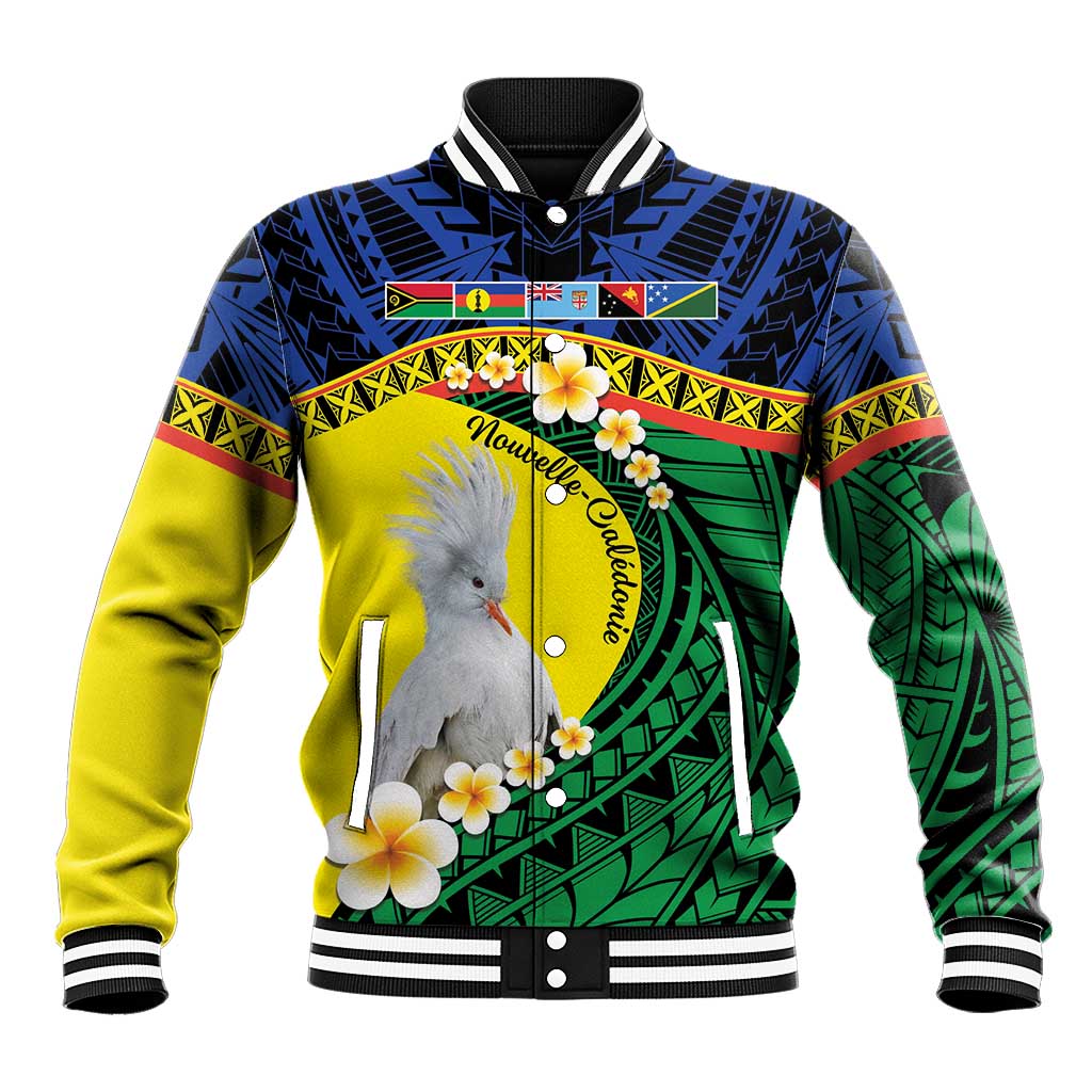 Melanesian New Caledonia Baseball Jacket Plumeria Kagu Bird and Nautilus Shell LT9 Unisex Blue - Polynesian Pride