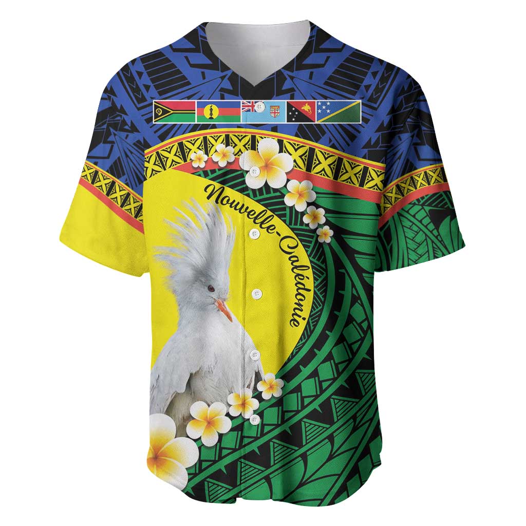 Melanesian New Caledonia Baseball Jersey Plumeria Kagu Bird and Nautilus Shell