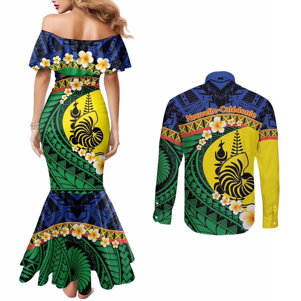 Melanesian New Caledonia Couples Matching Mermaid Dress and Long Sleeve Button Shirt Plumeria Kagu Bird and Nautilus Shell