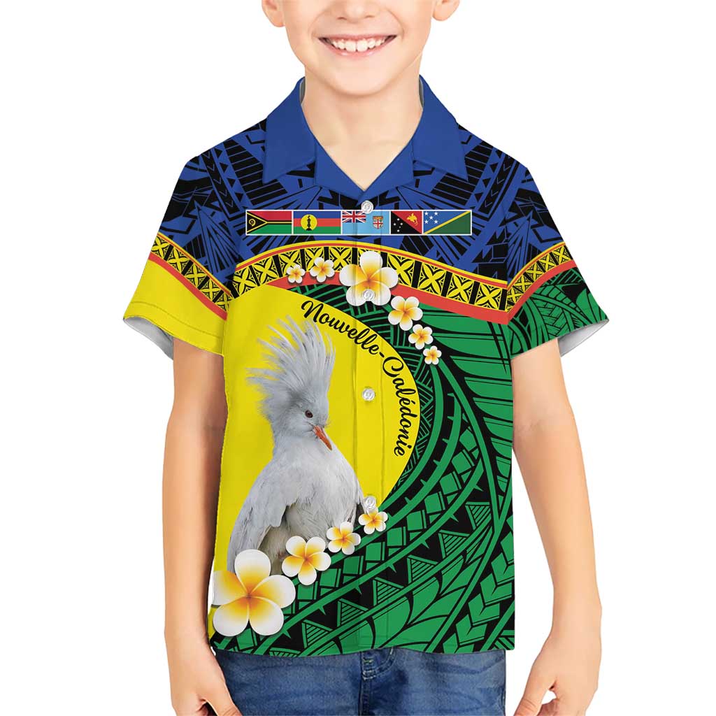 Melanesian New Caledonia Kid Hawaiian Shirt Plumeria Kagu Bird and Nautilus Shell LT9 Kid Blue - Polynesian Pride