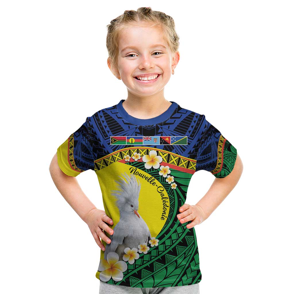 Melanesian New Caledonia Kid T Shirt Plumeria Kagu Bird and Nautilus Shell LT9 Blue - Polynesian Pride