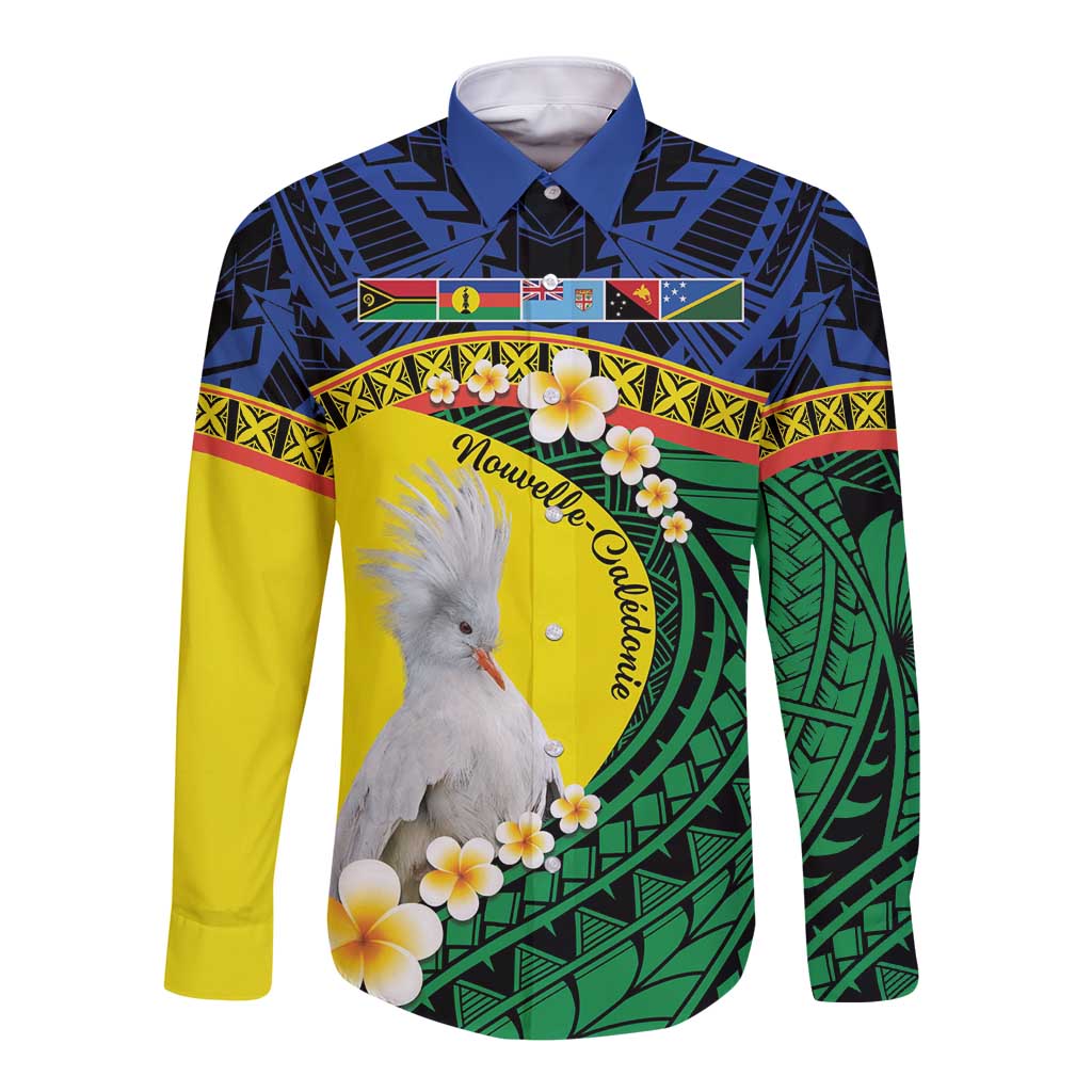 Melanesian New Caledonia Long Sleeve Button Shirt Plumeria Kagu Bird and Nautilus Shell LT9 Unisex Blue - Polynesian Pride