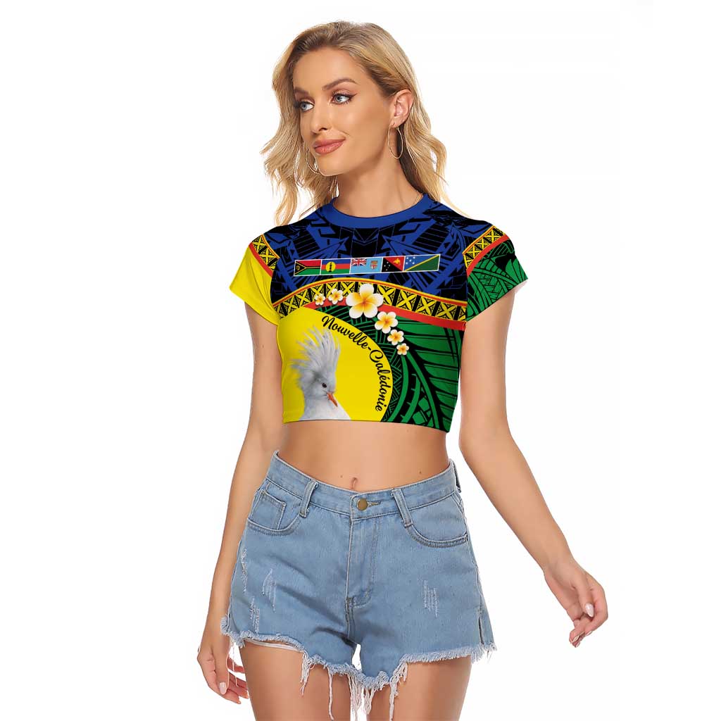 Melanesian New Caledonia Raglan Cropped T Shirt Plumeria Kagu Bird and Nautilus Shell LT9 Female Blue - Polynesian Pride