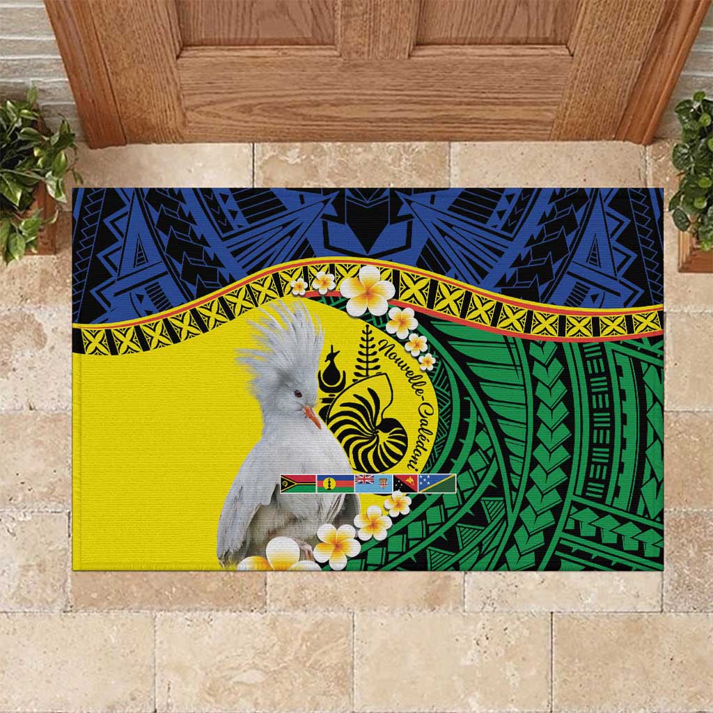 Melanesian New Caledonia Rubber Doormat Plumeria Kagu Bird and Nautilus Shell LT9 Blue - Polynesian Pride