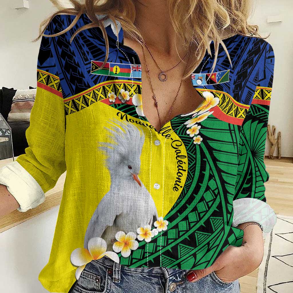 Melanesian New Caledonia Women Casual Shirt Plumeria Kagu Bird and Nautilus Shell LT9 Female Blue - Polynesian Pride