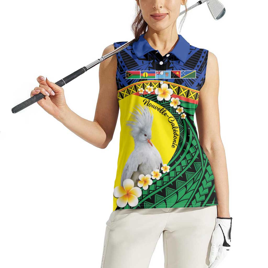 Melanesian New Caledonia Women Sleeveless Polo Shirt Plumeria Kagu Bird and Nautilus Shell LT9 - Polynesian Pride