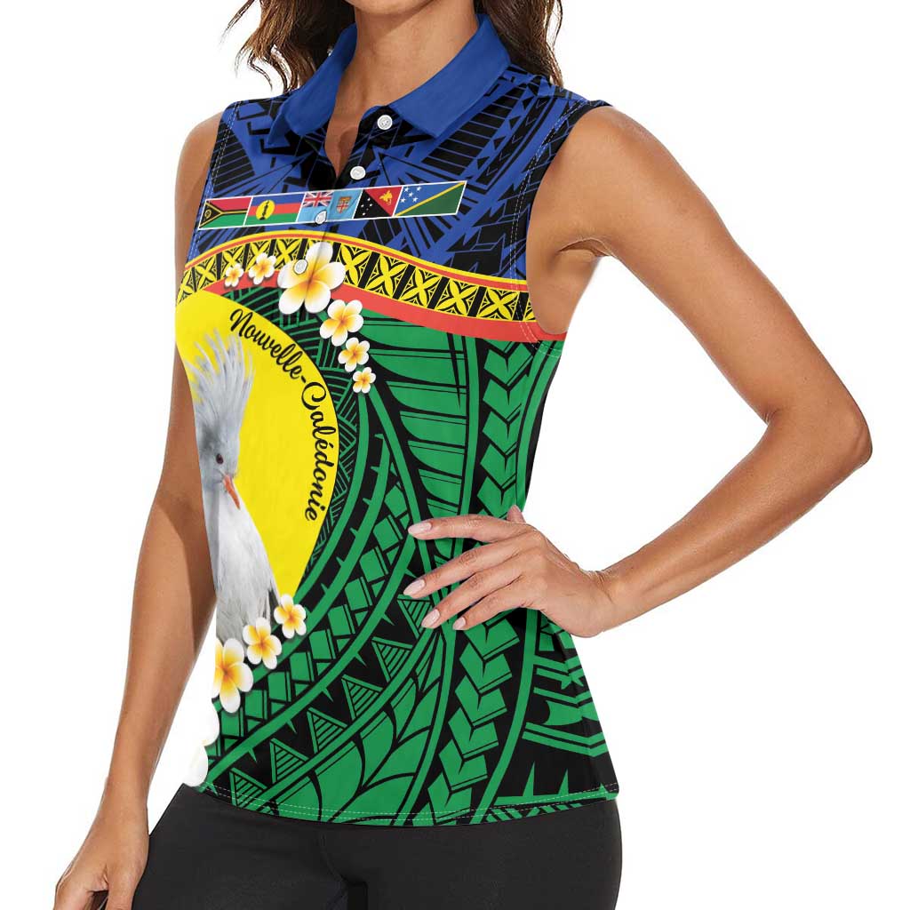 Melanesian New Caledonia Women Sleeveless Polo Shirt Plumeria Kagu Bird and Nautilus Shell LT9 - Polynesian Pride