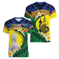 Melanesian New Caledonia Women V-Neck T-Shirt Plumeria Kagu Bird and Nautilus Shell LT9 - Polynesian Pride