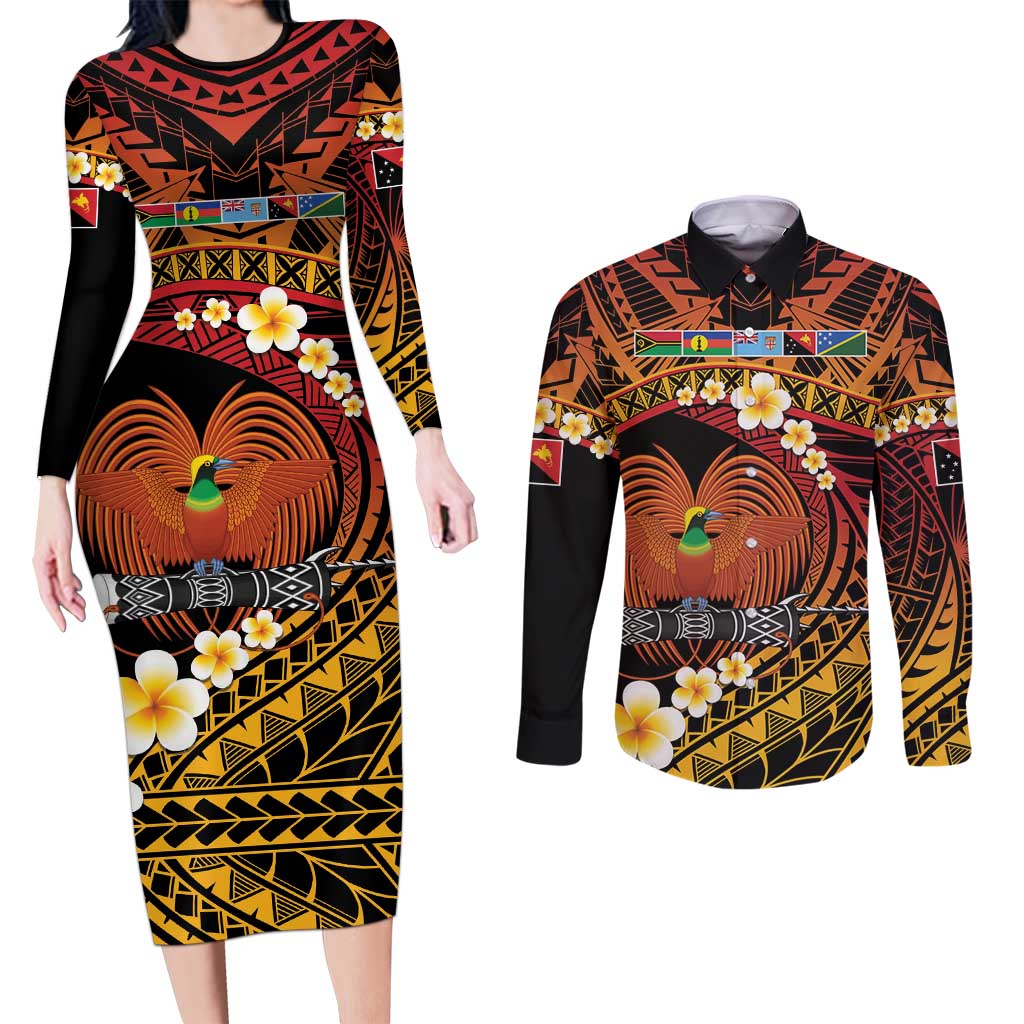 Melanesian Papua New Guinea Couples Matching Long Sleeve Bodycon Dress and Long Sleeve Button Shirt Plumeria Bird of Paradise Tribal