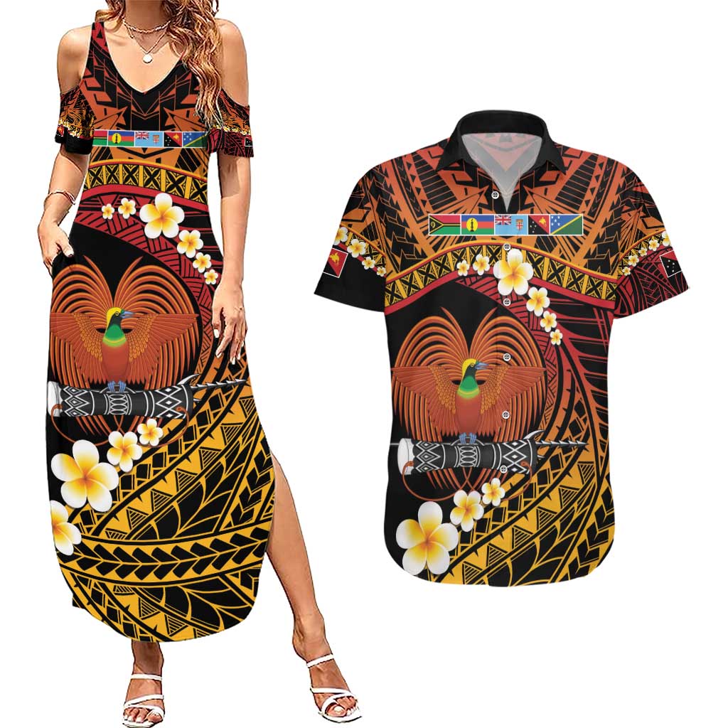 Melanesian Papua New Guinea Couples Matching Summer Maxi Dress and Hawaiian Shirt Plumeria Bird of Paradise Tribal