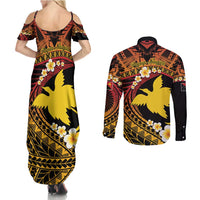 Melanesian Papua New Guinea Couples Matching Summer Maxi Dress and Long Sleeve Button Shirt Plumeria Bird of Paradise Tribal