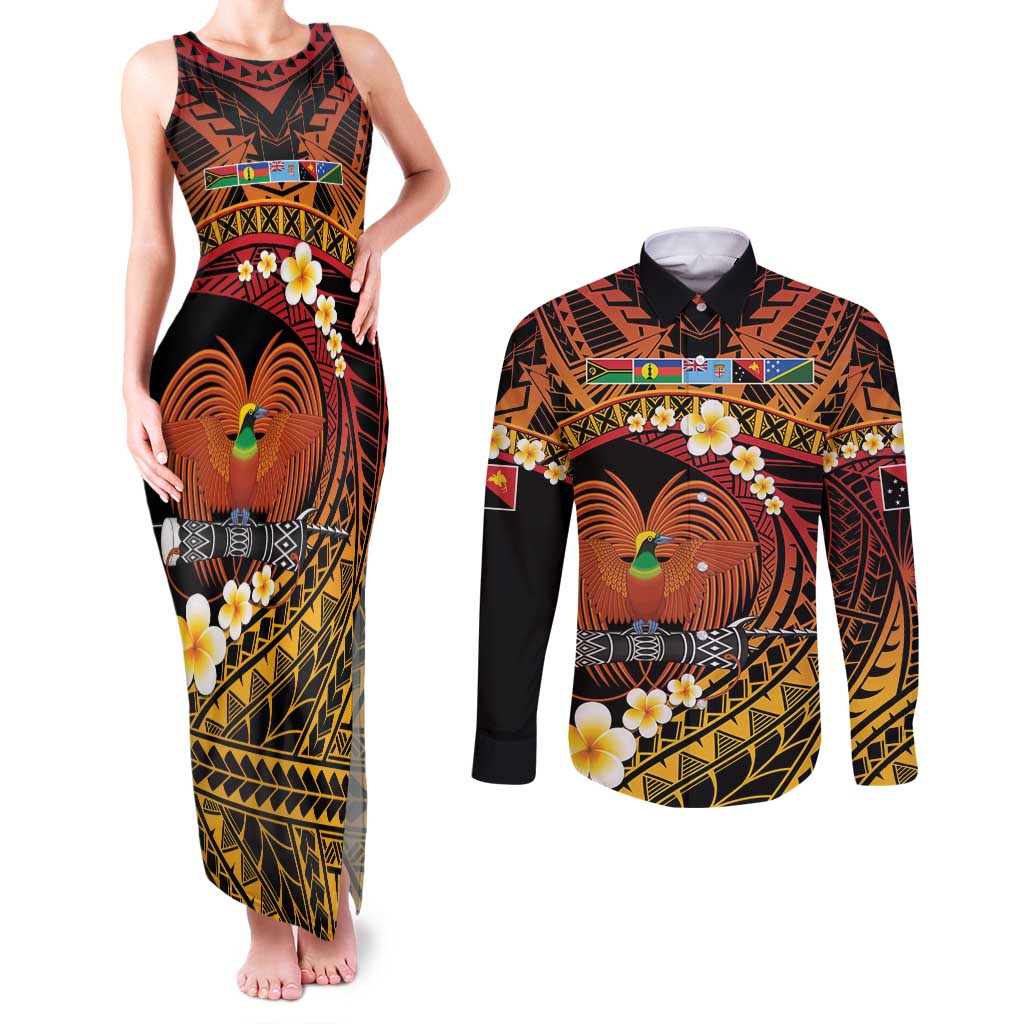 Melanesian Papua New Guinea Couples Matching Tank Maxi Dress and Long Sleeve Button Shirt Plumeria Bird of Paradise Tribal