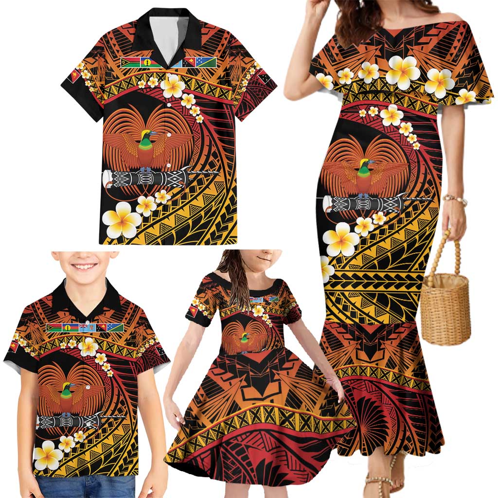 Melanesian Papua New Guinea Family Matching Mermaid Dress and Hawaiian Shirt Plumeria Bird of Paradise Tribal